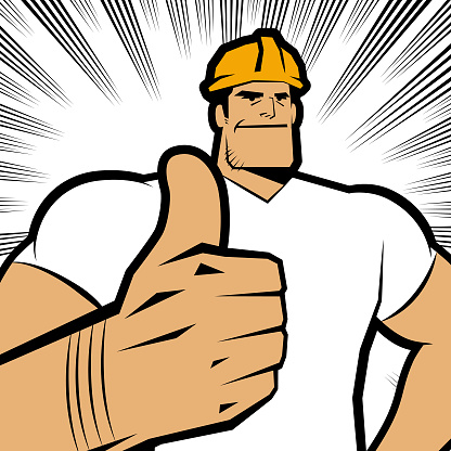 A blue-collar worker wears a work helmet and gives a thumbs up, comics effects lines background