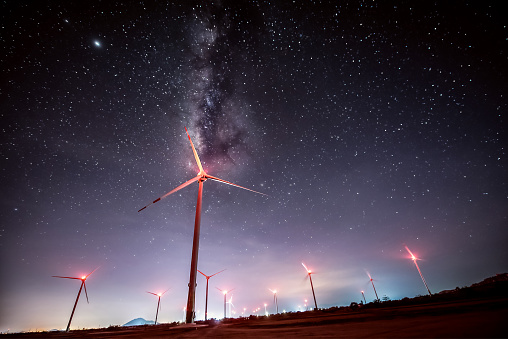 Wind turbines at night with red signal lights to generate wind power for sustainable development