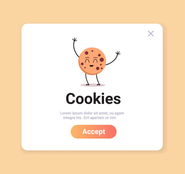 ilustraciones, imágenes clip art, dibujos animados e iconos de stock de protección de la información personal cookie mascota personaje con internet web pop up utilizamos la notificación de política de cookies - quick cookies