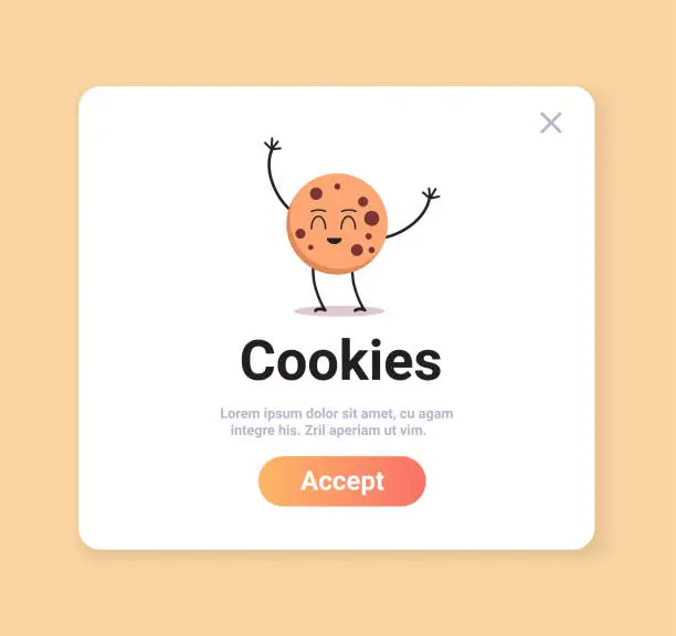 Vector illustration of protection of personal information cookie mascot character with internet web pop up we use cookies policy notification