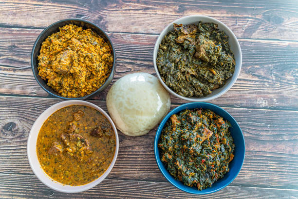 istock Egusi Ogbonno, Vegetable and Afang soup with pounded yam 1388097964