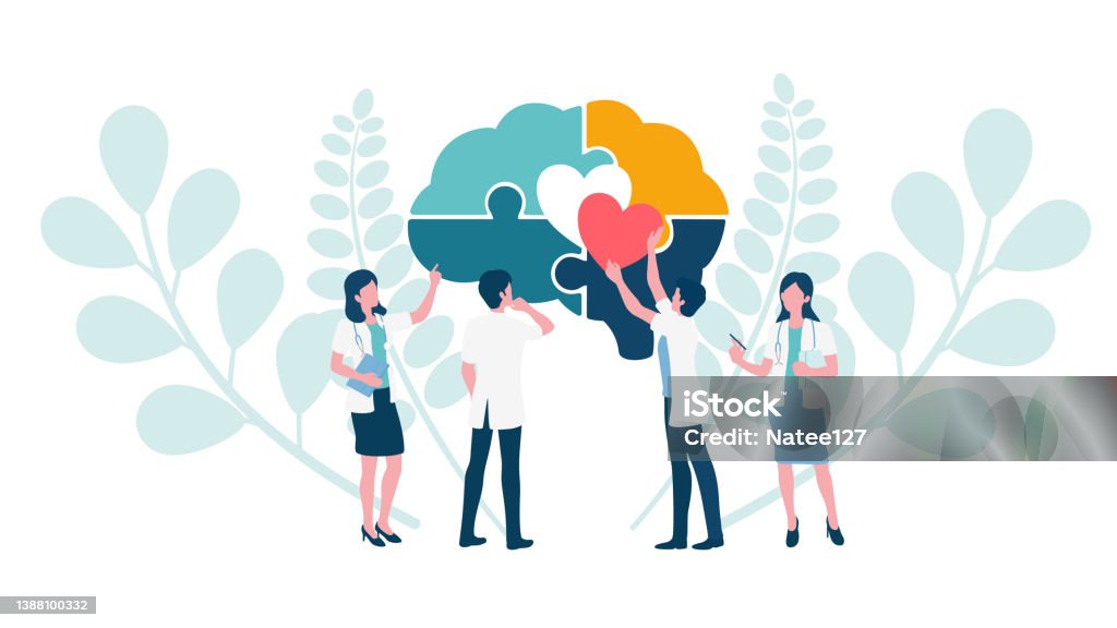 Travail d’équipe de médecin assemblant un cerveau avec un puzzle de cœur. Concept pour le bien-être de la santé mentale et la pleine conscience dans la thérapie psychiatrique chez les patients souffrant de dépression et de maladie mentale. - clipart vectoriel de Santé et médecine libre de droits Travail d’équipe de médecin assemblant un cerveau avec un puzzle de cœur. Concept pour le bien-être de la santé mentale et la pleine conscience dans la thérapie psychiatrique chez les patients souffrant de dépression et de maladie mentale. - clipart vectoriel de Santé et médecine libre de droits
