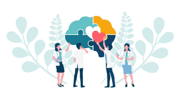ilustrações de stock, clip art, desenhos animados e ícones de teamwork of doctor assembling a brain with heart jigsaw puzzle. concept for wellness of mental health and mindfulness in psychiatric therapy in depression and mental illness patient. - saude mental