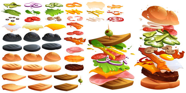 ilustrações de stock, clip art, desenhos animados e ícones de flying burger and sandwich and ingredients - bacon cheeseburger bacon cheeseburger hamburger