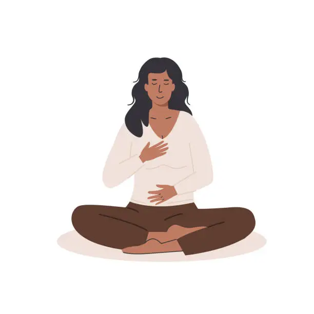 Vector illustration of Dark black skin female with crossed legs and closed eyes doing diaphragm breathing. Black woman practice deep belly breathing. Meditation, abdominal exercise, pranayama yoga. Vector flat illustration.