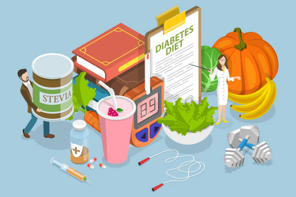 ilustraciones, imágenes clip art, dibujos animados e iconos de stock de ilustración conceptual de vector plano isométrico 3d de la dieta para la diabetes - diabetes blood sugar test insulin healthy eating