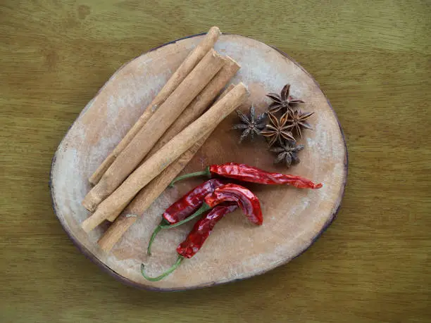 Photo of dried spices Star Anise Hall, cinnamon, dried chilli