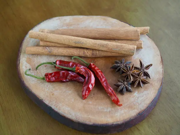 Photo of dried spices Star Anise Hall, cinnamon, dried chilli