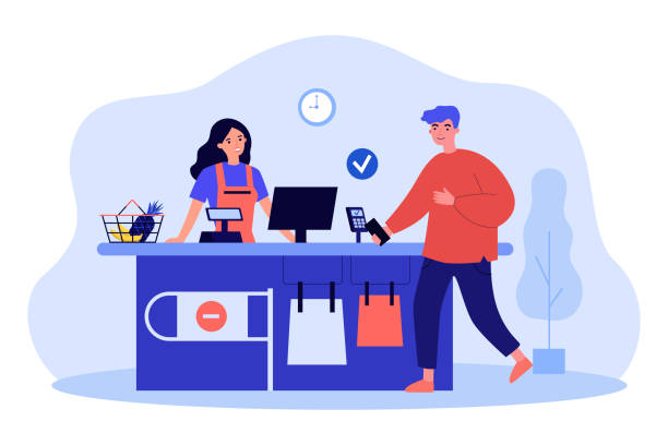 Contactless customer payment to grocery shop cashier Contactless customer payment to grocery shop cashier. Man holding mobile phone, standing at checkout counter flat vector illustration. POS concept for banner, website design or landing web page cashier stock illustrations