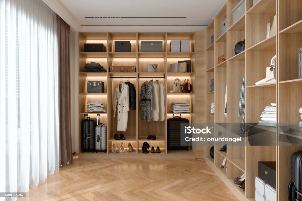 Modern Dressing Room Interior With Wardrobe Closet Stock Photo