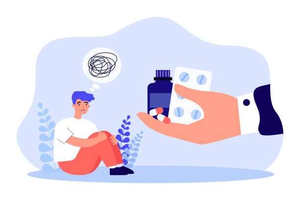 Hand giving pills to sad man with confusion in head Hand giving pills to sad man with confusion in head. Antidepressant saving tiny person from depression flat vector illustration. Medicine, stress concept for banner, website design or landing web page giving medication stock illustrations
