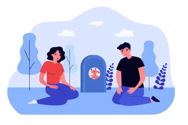 Vector illustration of Sad pet owners sitting near tombstone with dog photo in cemetery