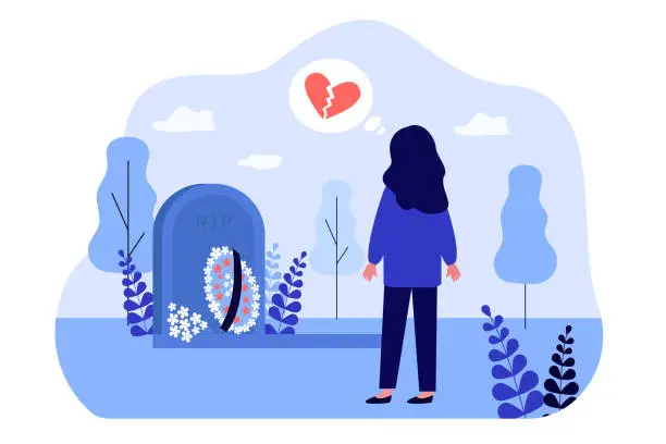 Vector illustration of Cemetery visit by sad girl with broken heart