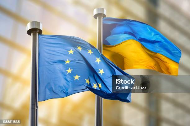 Flags Of European Union And Ukraine Stock Photo - Download Image Now - European Union, European Union Flag, Europe