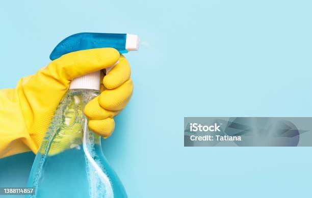 Female Hand In Glove Holds Window Spray On Blue Background Spring Cleaning Concept Stock Photo - Download Image Now