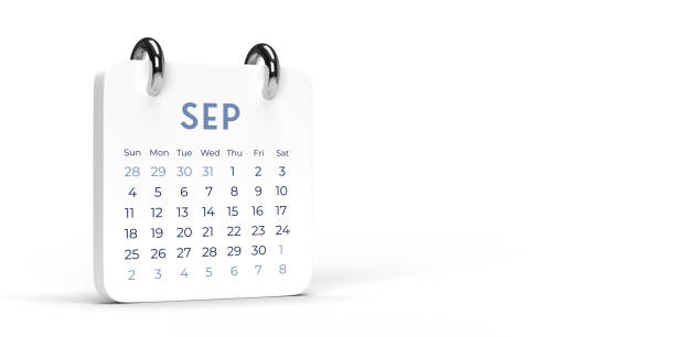 White September, SEP, desk calendar 2022 on blank background with copy space. Monthly Set Desk Calendar 2022 template: 3D illustration on empty white surface with large space for additional text. Horizontal composition with dropped shadow. Set of 12 Months. Week starts on Sunday. Stationery planner. september calendar stock pictures, royalty-free photos & images