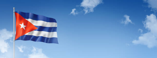 istock Cuban flag isolated on a blue sky. Horizontal banner 1388115252