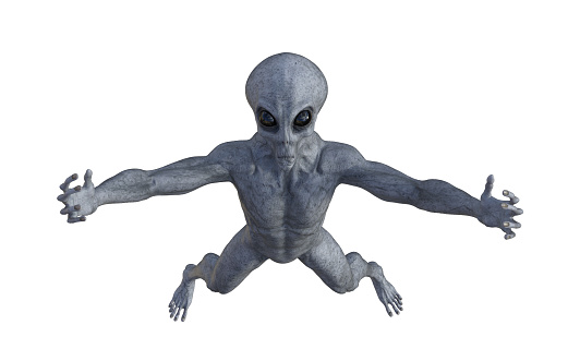 Humanoid alien looking up with hands raised up. Isolated on white background. 3D rendering illustration. Top view.