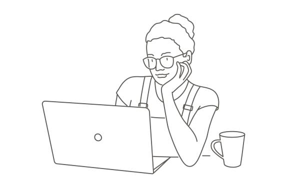 ilustraciones, imágenes clip art, dibujos animados e iconos de stock de mujer con gafas mira los datos que se muestran en una computadora portátil. - outline desk computer office