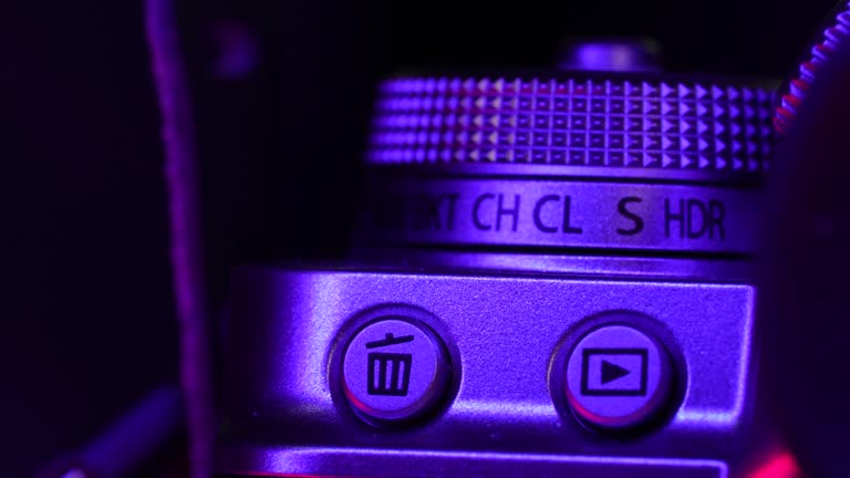 Macro shot of camera buttons, optical wheel. DSLR or mirrorless photography, videography device. Switching mode of still to movie.