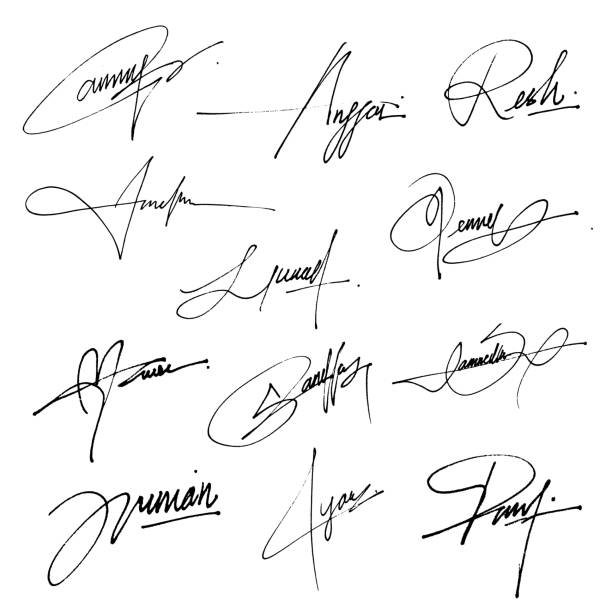 ilustraciones, imágenes clip art, dibujos animados e iconos de stock de colección de firmas vectoriales autógrafas ficticias. firma para convención. - autografiar