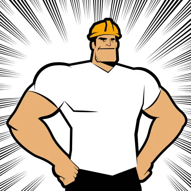 Vector illustration of A blue-collar worker wears a work helmet and stands with fists on his hip and smiles on white background with comics effects lines