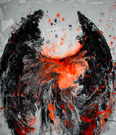 abstract dark angel with black wings on red and gray background, acrylic fluid painting. High quality illustration