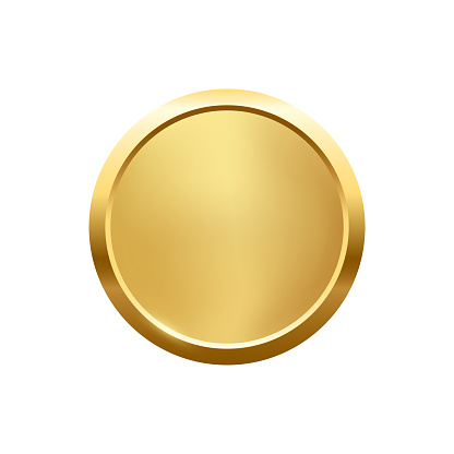Gold round button with frame vector illustration. 3d golden glossy elegant circle design for empty emblem, medal or badge, shiny and gradient light effect on plate isolated on white background