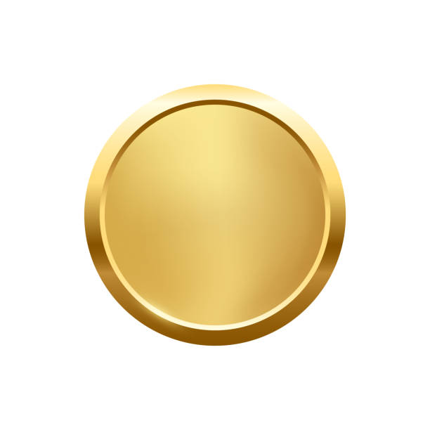 Gold round button with frame, 3d golden glossy elegant circle design for empty emblem Gold round button with frame vector illustration. 3d golden glossy elegant circle design for empty emblem, medal or badge, shiny and gradient light effect on plate isolated on white background insignia stock illustrations