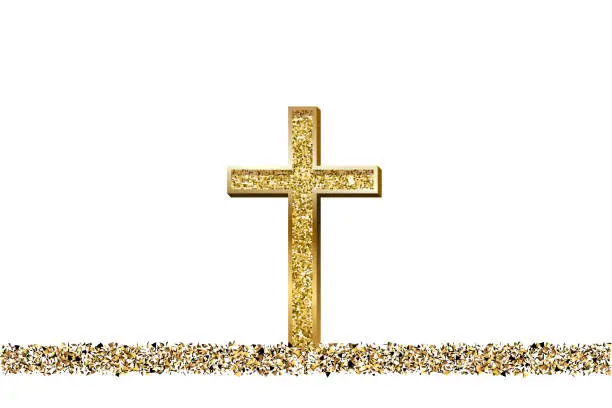 Vector illustration of Gold prayer cross realistic vector illustration. Luxurious jewelry, elegant accessory under golden glitter rain. Precious metal jewel on white background. Christian faith, catholic religion symbol.