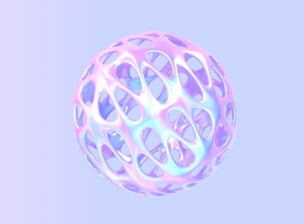 istock Abstract holographic hollow ball or sphere, round metal shape with gradient pearlescent texture, chromatic fluid object, empty futuristic sculpture with holes isolated on purple background, 3d render 1388119245