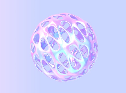 Abstract holographic hollow ball or sphere, round metal shape with gradient pearlescent texture, chromatic fluid object, empty futuristic sculpture with holes isolated on purple background, 3d render.