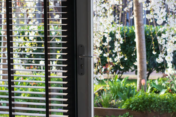 istock doors to the garden with flowering cherry tree in the front 1388121095