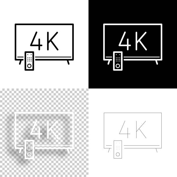 4K TV. Icon for design. Blank, white and black backgrounds - Line icon Icon of "4K TV" for your own design. Four icons with editable stroke included in the bundle: - One black icon on a white background. - One blank icon on a black background. - One white icon with shadow on a blank background (for easy change background or texture). - One line icon with only a thin black outline (in a line art style). The layers are named to facilitate your customization. Vector Illustration (EPS10, well layered and grouped). Easy to edit, manipulate, resize or colorize. Vector and Jpeg file of different sizes. black background hd stock illustrations