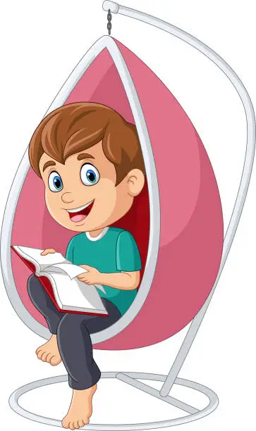 Vector illustration of Little boy reading a book in hanging chair