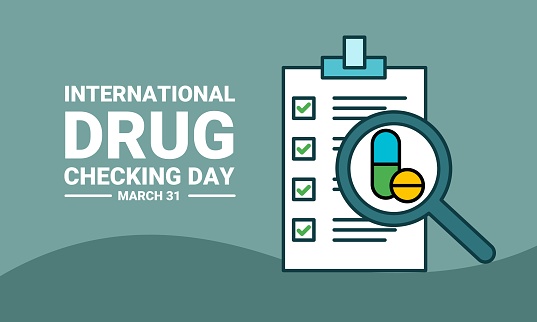 Vector illustration, pharmacy examination expert identifying pills. Testing, verifying and determining the quality of medicinal ingredients, concept for international drug checking day.