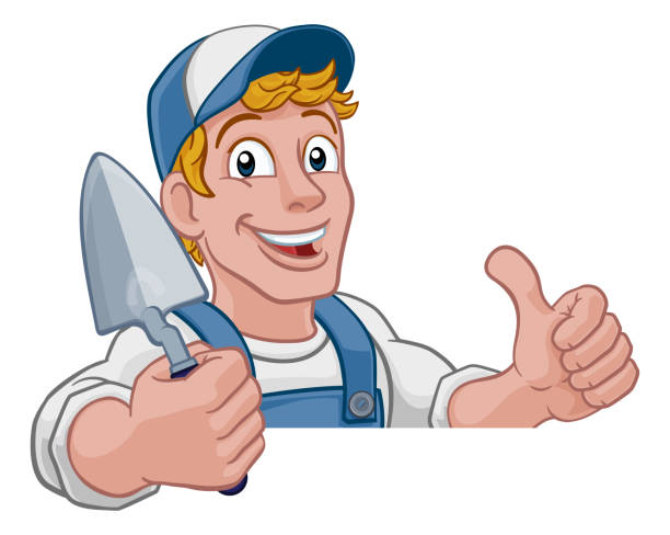 ilustrações, clipart, desenhos animados e ícones de handyman do construtor dos desenhos animados do canteiro de obras da espátula - frame smiling white background human hand