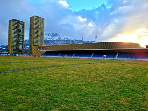 The Swissporarena completed in 2011. It is used mostly for football matches and hosts the home matches of FC Luzern. And the two apartment buildings which contain 283 apartments. The image was captured dring spring season.