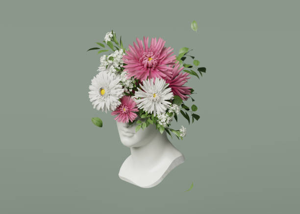 3d antike frau statue. griechische, römische güte. büste skulptur mit rosa und weißen blumenstrauss auf grünem hintergrund. natur feminine schönheit abstrakt 3d-render. frühling, sommer rendern illustration - sculpture art abstract white stock-fotos und bilder