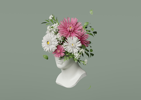 3D Ancient woman Statue. Greek, roman goodness. Bust sculpture  with pink and white flowers bouquet on green background. Nature feminine beauty abstract 3D render. Spring, summer render illustration