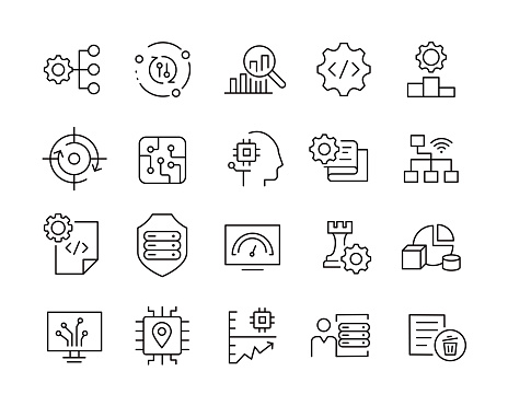 Data Analyzing Icons - Vector Line. Editable Stroke. Vector Graphic