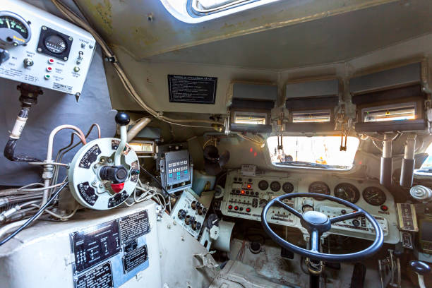 Inside the unified command-staff vehicle R-149MA1 of russian army Samara, Russia - January 27, 2018: Inside the unified command-staff vehicle R-149MA1 of russian army based on the BTR-80 ironclad stock pictures, royalty-free photos & images