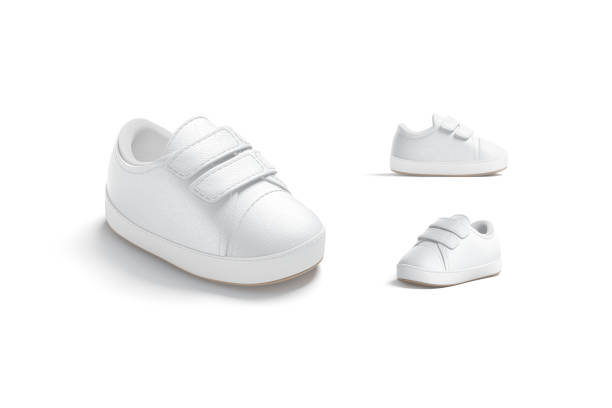 Blank white baby shoes mockup, different views, 3d rendering. Empty child slip-on booty with velcro mock up, isolated. Clear casual or sport leather booties for toddler kid template.