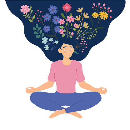 Woman meditating with mindfulness imagination in nature and flowers. Concept illustration for yoga, meditation, relax, recreation, healthy lifestyle. Vector illustration in flat cartoon style.