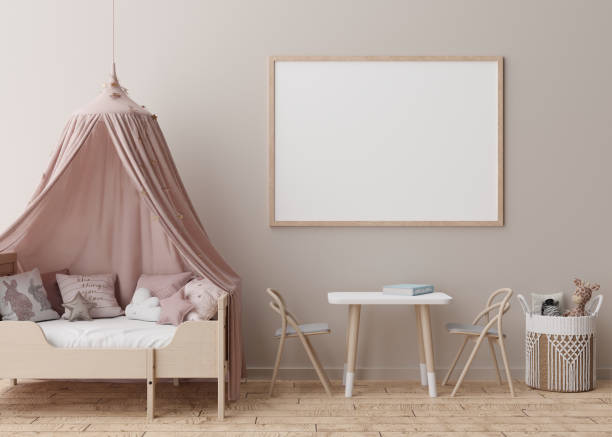 istock Empty horizontal picture frame on cream wall in modern child room. Mock up interior in scandinavian style. Free, copy space for your picture, poster. Bed, toys. Cozy room for kids. 3D rendering. 1388131160