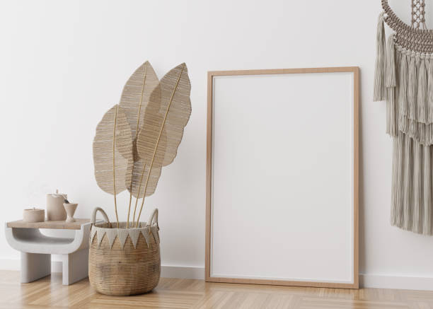 istock Empty vertical picture frame standing on parquet floor in modern living room. Mock up interior in scandinavian, boho style. Free space for picture. Macrame, rattan basket. 3D rendering. 1388131177
