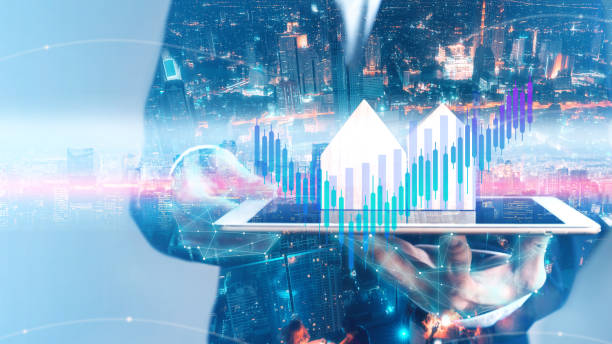 biznesmen trzymający tablet z hologramem miejskim pokaż wykres zysku na giełdzie finansowej w motywie cyber punk - growth plan graph digital tablet zdjęcia i obrazy z banku zdjęć