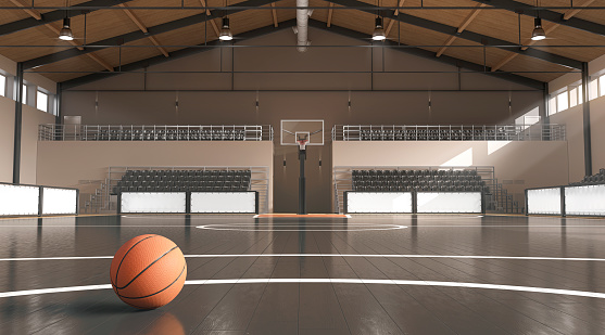 Basketball court with ball, hoop and tribune mockup, front view, 3d rendering. School gymnasium area with basket equipment. Sporty basket-ball playground for teamwork template.