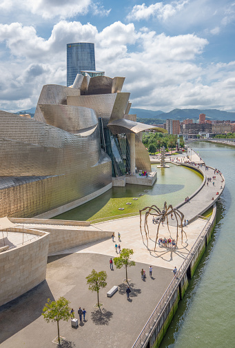 Bilbao, Spain - June 16, 2018: The modern metal structure of the Guggenheim museum of modern art