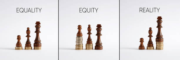 Chess pieces differences with coins showing the concepts of equality, equity and reality. Chess pieces differences with coins showing the concepts of equality, equity and reality. equity vs equality stock pictures, royalty-free photos & images